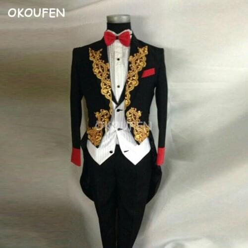 Host stage performance jacket mens red cuff dress magic swallowtail jacket magic court tuxedo suit