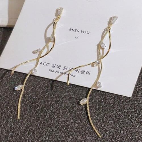Milangirl Classical Korean Trendy Exquisite Thin Line Long Tassel Stud Earrings For Women Girl Crystal Rhinestone Zircon Jewelry