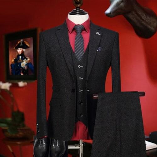 Men suit new arrivals retro black wedding groom wear fashion suits set 3 pieces blazer vest pant single breasted tuxedo slim fit