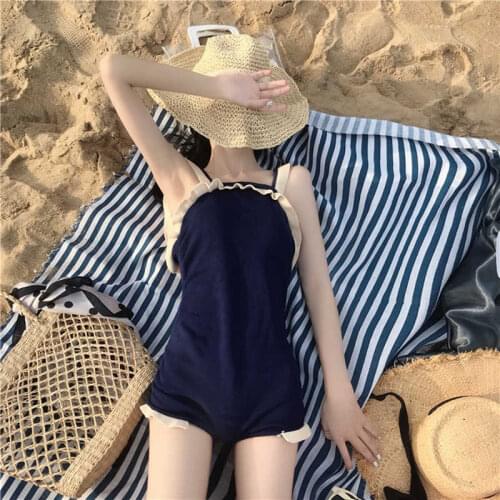 2021 New Korean Sling One-Piece Swimsuit Ladies Triangle Sexy Cover Belly Solid Color Halter Ruffled Small Fresh Hot Spring Swim