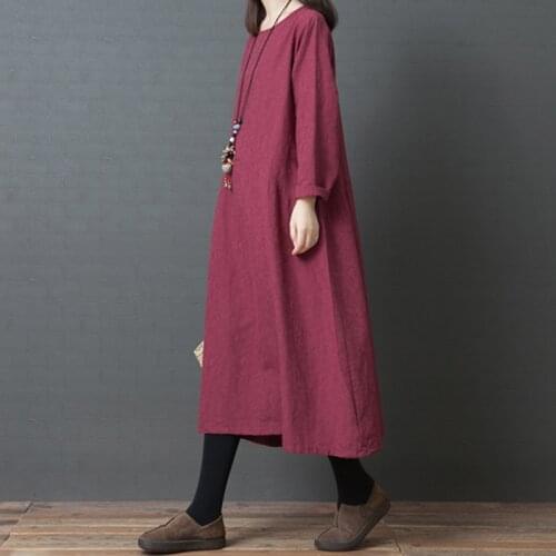 Soft Cotton Linen Cozy Women Dress Long Sleeve Autumn Dress Solid Color Plus Size Vintage Dress Female Sprng Casual Midi Dress
