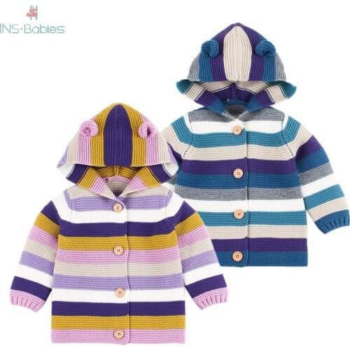 Newborn baby girls clothes Children Rainbow Stripe jackets for boy Knitted Cardigan Autumn With Cute Ear Hoodie Baby Girl Coat