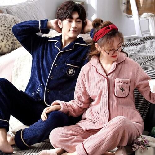 New Winter Thickening Velvet Coral Fleece Lovers Pajamas Lady Warm Flannel Woman Leisurewear Suit