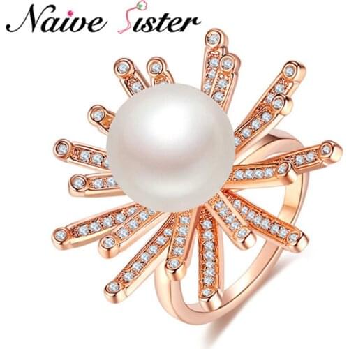 Luxury Flower Shape Ladies Rings Fashion Adjustable Ring For Women Simulated Pearl AAA Cubic Zircon Paved Engagement Jewelry