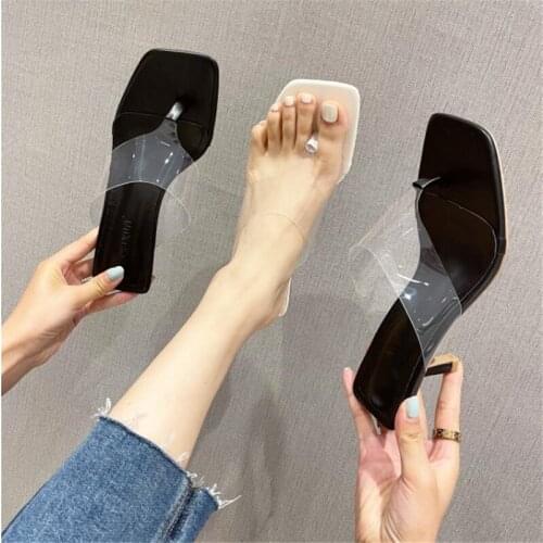 Transparent tape shoes Stylish Womens Heel Flip Flops Black High Heels Sandals Women Mules Slippers Ladies Summer Shoes slide