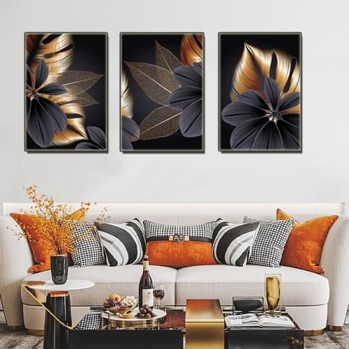 Modern Nordic Poster Black Gold Flowers Plant Leaf Canvas Painting Poster and Prints Wall Art Picture for Parlour Home Decor