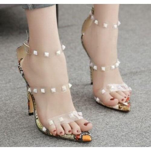 MHYONS Women Sexy Rivet Leopard Heels Shoes 11cm Women Sexy Pointed Metal Rivets Serpentine Matching High-heeled Sandals