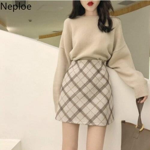 Neoploe Temperament Conjuntos De Mujier Loose Pullover Sweater Women High Waist Slim Plaid Skirt Winter 2 Piece Set Women 46259
