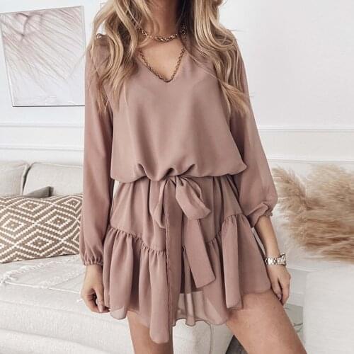Autumn Women Dresses V Neck Ruffle Chiffon Long Sleeve A Line Casual Loose Office Dress 2021