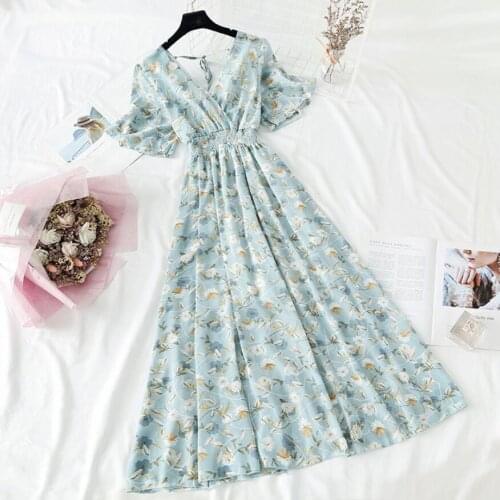 Women Long Vintage Chiffon Floral Dress Summer 2021 Runway Elegant Korean Party Dress Fairy Boho Retro Casual Vacation Dresses