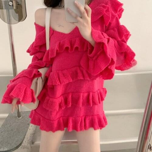 Asymmetric Sweater For Women V Neck Flare Long Sleeve Patchwork Ruffles Korean Pullovers Sweaters Female 2020 Autumn New C285