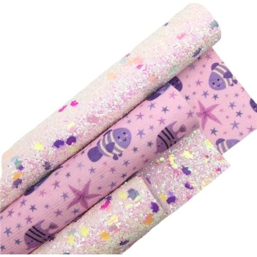 Double Sides Unicorn Chunky Glitter Vinyl Fabric Sheet Felt Backing with Printed Fish Synthetic Leather Faux Vinil DIY 6S63C