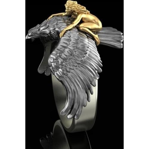 FDLK Vintage Metal Two-tone Silver Color Flying Eagle Finger Rings Punk Jewelry Gold Color Naked Girl Fashion Rings Hip Hop