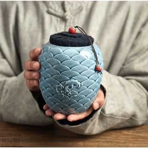 Ceramic Ashes Urn For Human Pet Cremate Funerary Memorial Ceramic Urns Cork Seal Moistureproof Surface Exquisite Relief Caskets