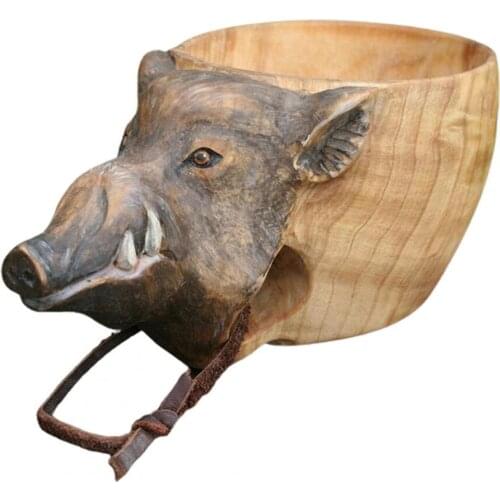 Delicate Water Mug Hand Carved Wooden Cup Fox Crafted Nordic Style Wood Camp Mug Animals Head Image Cup Milk Cup for Home