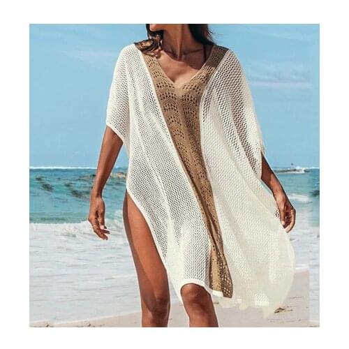 Summer Women V-neck Solid Color Sexy Mesh Hollow Beach Skirt Blouse Bikini Swimsuit Shawl Loose Dress Sunscreen -40