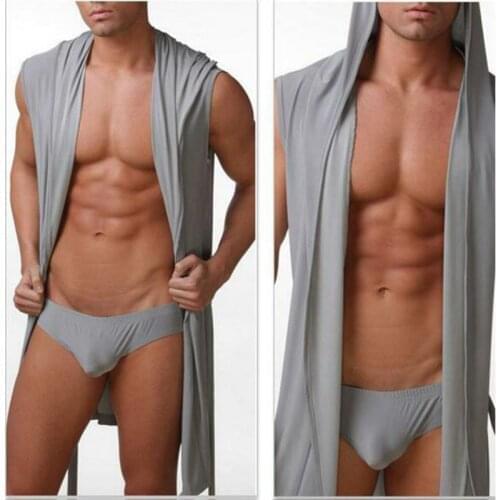 Mens robes set comfortable casual bathrobes sleeveless Viscose sexy Hooded robe homewear mens sleepwear lounge clothes briefs