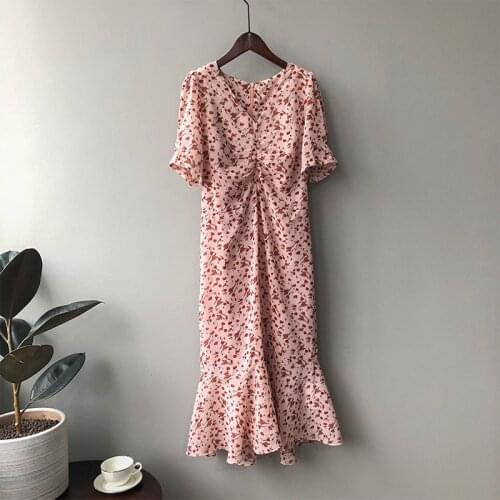 2021 Summer New French Style Chiffon Floral Dress Womens Short Sleeve Mid-Length Bottoming Dress