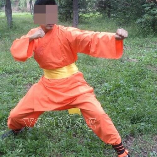 Top Quality 100%Cotton Orange Kids&Adults Shaolin Monk Kung fu Robe Tai chi Wing Chun Uniforms Martial arts Wushu Suit