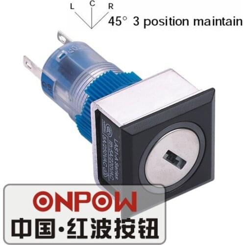 ONPOW 22mm 3 position maintain 2NO2NC LED Ring illuminated Square Black Plastic Key switch (LAS1-APF-22Y/31A/G/12V) CE, UL, ROHS