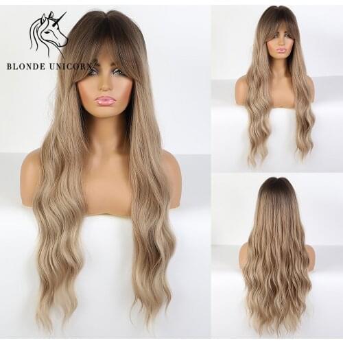 Blonde Unicorn Natural Synthetic Long Wavy Wigs with Bangs Brown Ombre Grey Wig for Women Daily Party Heat Resistant False Hair