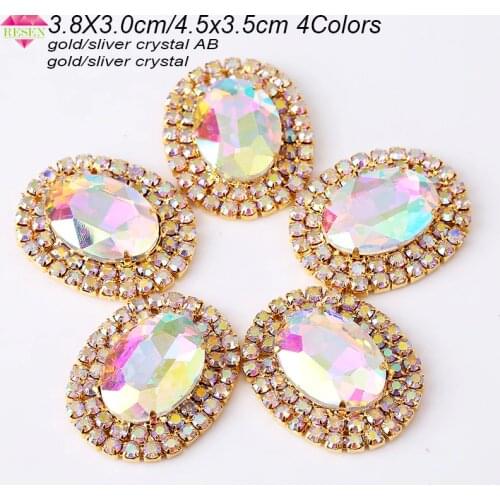 RESEN 3.8X3.0cm Gold/Sliver Oval Crystal AB Sew On Rhinestones Applique Flatback With Gold Base Sewing Crystal For Wedding Dress