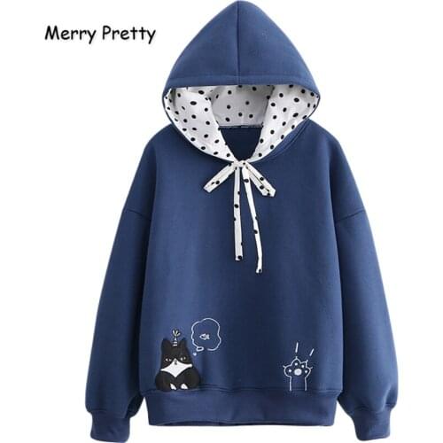 MERRY PRETTY Womens Hooded Sweatshirts Harajuku Cartoon Cat Embroidery Hoodies Winter Plus Velvet Pullovers Polka Dot Tracksuit