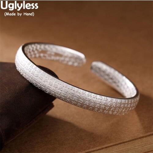Uglyless Embossed Heart Sutra Bangles Women Glossy 999 Silver Bangles 8MM Width Buddhistic Jewelry Dragon Phoenix Inside Carved