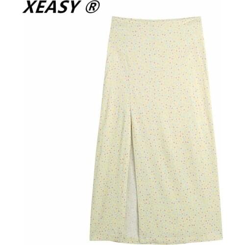 XEASY 2021 Women Fashion Floral Print Split A Line Skirt Faldas Mujer Female Side Zipper Chic Party Vestido Brand Skirts