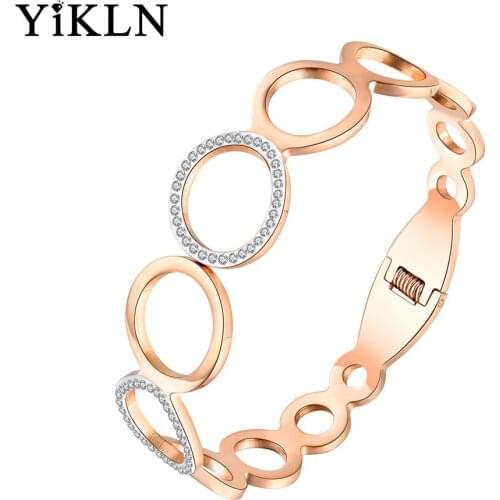 YiKLN New Stainless Steel Various Sizes Circles Rhinestone Cuff Bangles Bracelets Lovers Jewelry Valentines Day Gift YB18063