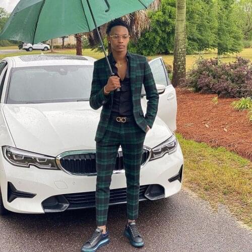 Green Glen Plaid Mens Suits Slim Fit Two Pieces Fashion Tuxedos Customized Best Man Jacket and Pants