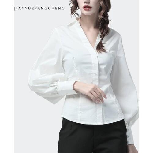 Women White Shirt Cotton Top Lantern Long Sleeve V-Neck Korean Style Women' Autumn Tops Plus Size Fashion Elegant Ladies Shirts