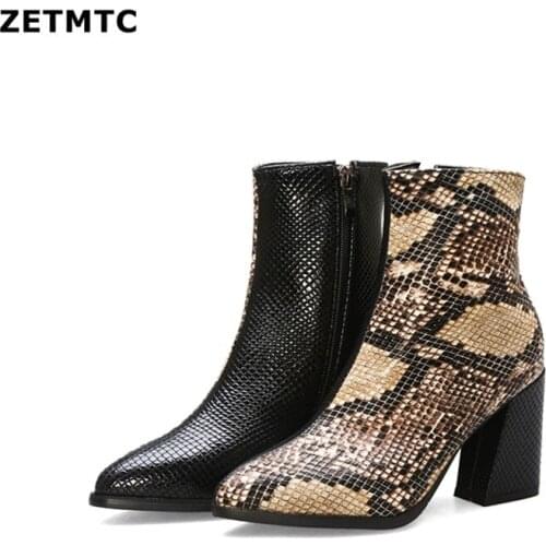 Print Snakeskin Booties Women Ankle Boots Zip Pointed Toe Footwear Thick High Heels Female Snake Boot Women 2019 New