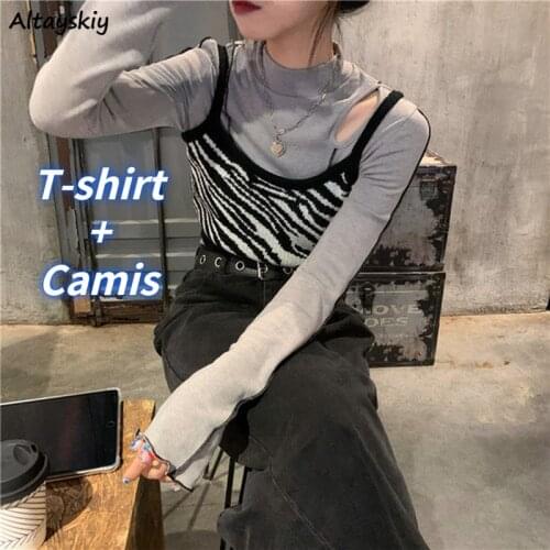 Women Sets 2 Pieces New Designers Hollow Out Sexy Slim T-shirts Knitted Zebra Camisole Streetwear Trendy Chic Preppy BF Female
