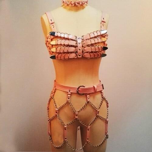 Handmade Cute Spikes Flower Choker Heavy Leather Duty Bra Crop Top Bondage Bralet Waist Skirt Dress Straps with Chains