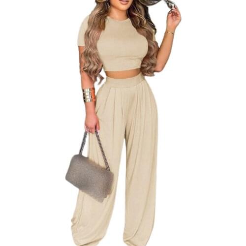 2021 Summer New Womens Fashion Suit O Neck Navel Exposed Elegant Wide Legs Slim Short Top Summer Suit for Dating Streetwear