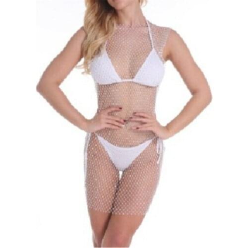 Women Bikini Crystal Cover Up Beach Dress Fishnet Rhinestone Hollow Out Swimsuit Swimwear Swimsuit Cover Ups Dresses