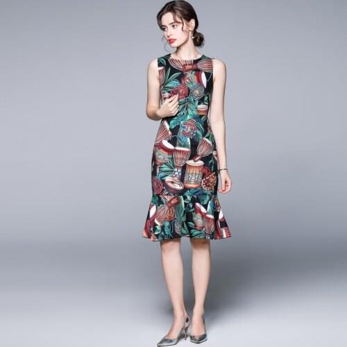 Summer Runway Holiday Tank Dress Womens Charming Floral Print Vintage Slim Package Zipper Mermaid Dress k8807