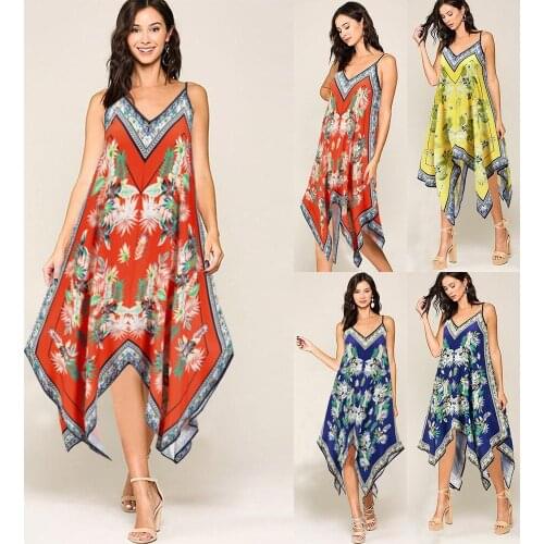 Dresses For Women 2021 Summer Beach Sleeveless Asymmetrical Retro Print Spaghetti Strap Midi Robe Femme Floral Vestido De Mujer