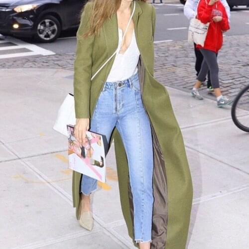 New Runway Women Super Long Woolen Coat High Street Boyfriend Suit Collar Wool Blends Overcoat Ladies Slim Fit Green Maxi Trench