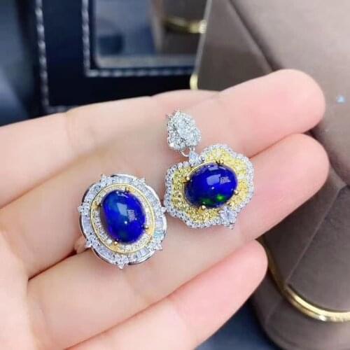 100% Natural Real Black Opal jewelry set Natural Real Black Opal 925 sterling silver 1pc pendant,1pc Ring