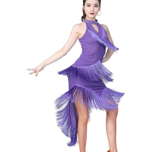2021 Lady Halter Off Shoulder Dress Fringe Bodycon Dress Women Latin Dance Performance Dress Dancewear Shiny Party Dress