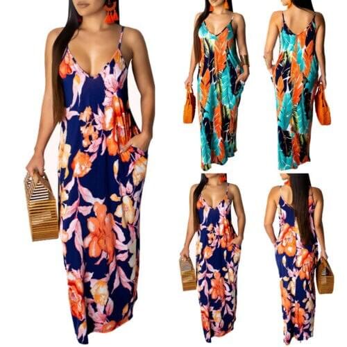 2021 Newest Hot Womens Summer Boho Floral Long Maxi Evening Party Beach Dress Floral Sleeveless V Neck Sundress