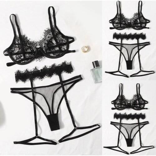 3Pcs Mesh Perspective Sexy Lingerie Sexy Fashion Lace Lingerie Underwear Sleepwear G-string Pajamas Garter Стринги Женские