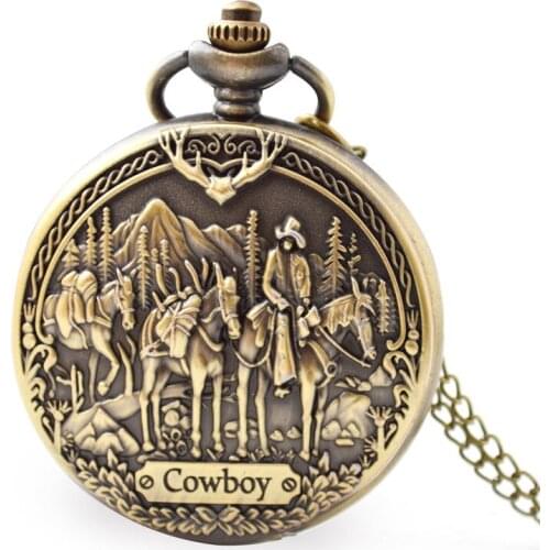 50pcs/lot Vintage Bronze Carved Cowboy Quartz Pocket Watch Men Women Watches Wholesale