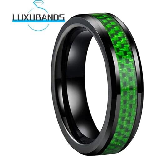 6MM Tungsten Rings Black Beveled Edges Green Carbon-Fiber Inlay Polished Finished Comfort Fit