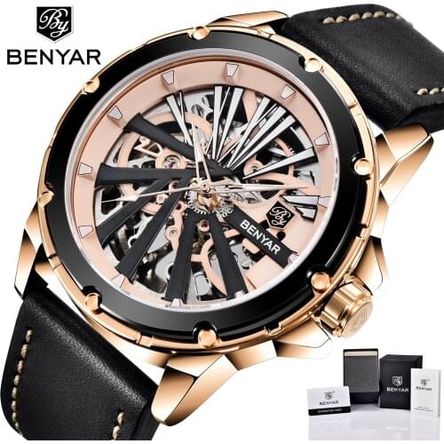 2021 New BENYAR Automatic Mechanical Mens Wristwatch Top Brand Luxury Watch Mens Fashion Leather Waterproof Hollow Wristwatch