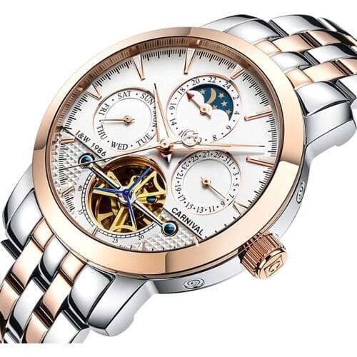 Relojes Para Hombre CARNIVAL Fashion Tourbillon Automatic Watch Double Calendar Waterproof Mechanical Watch Luminous Watches Men