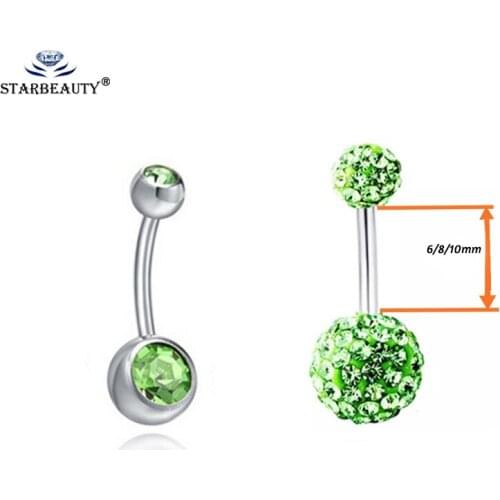 1Pc 6-10mm 14G stainless steel pin belly button ring rhinestones balls Navel bar Belly ring fashion Woman body Piercing jewelry