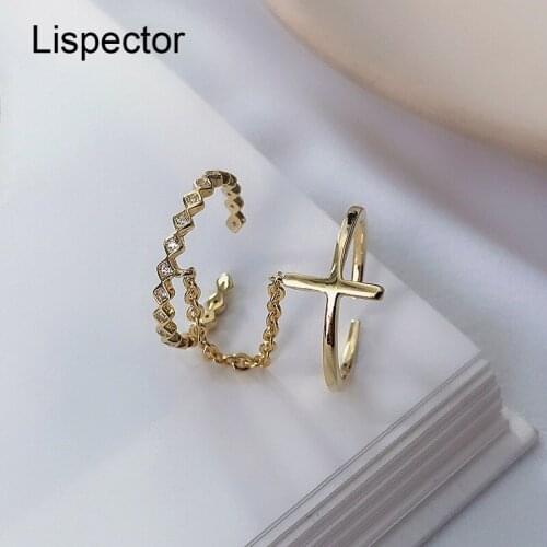 Lispector 925 Sterling Silver Korean Luxury Square Zircon Cross Rings Set for Women Gold Color Chain Ring Party Female Jewelry